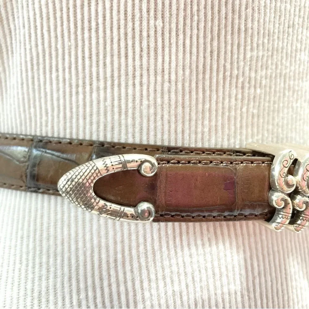 BRIGHTON Crocodile Embossed Brown Leather Belt Skinny B1043T Western Womens 30